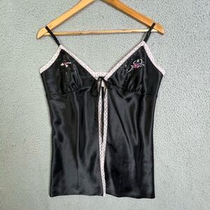 VICTORIAS SECRET BLACK TEDDY CAMISOLE TIE FRONT SIZE L WITH PINK FRILLS